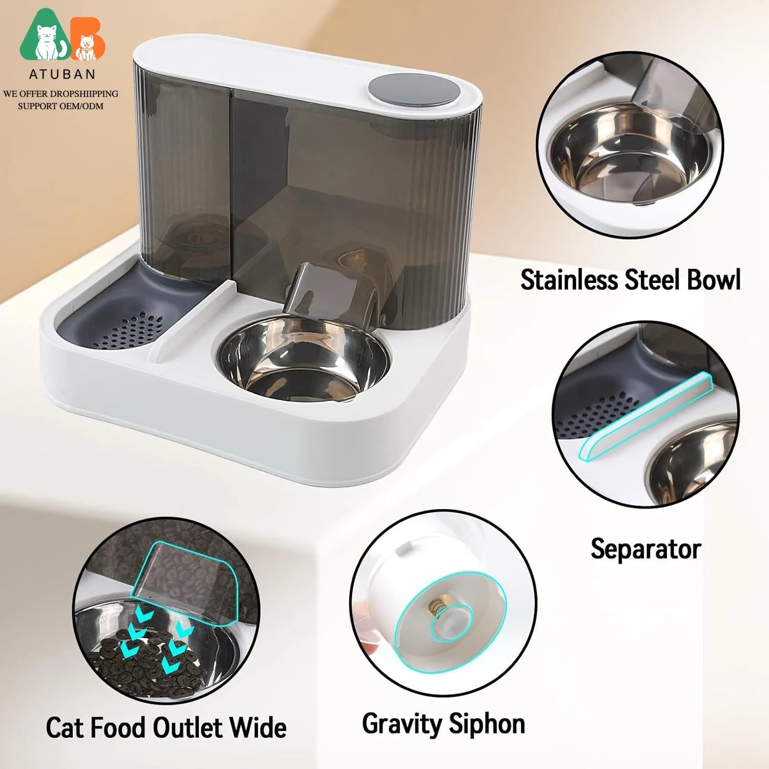 Alimentador Automático ATUBAN 2 en 1: Gravedad y Acero Inoxidable para Gatos