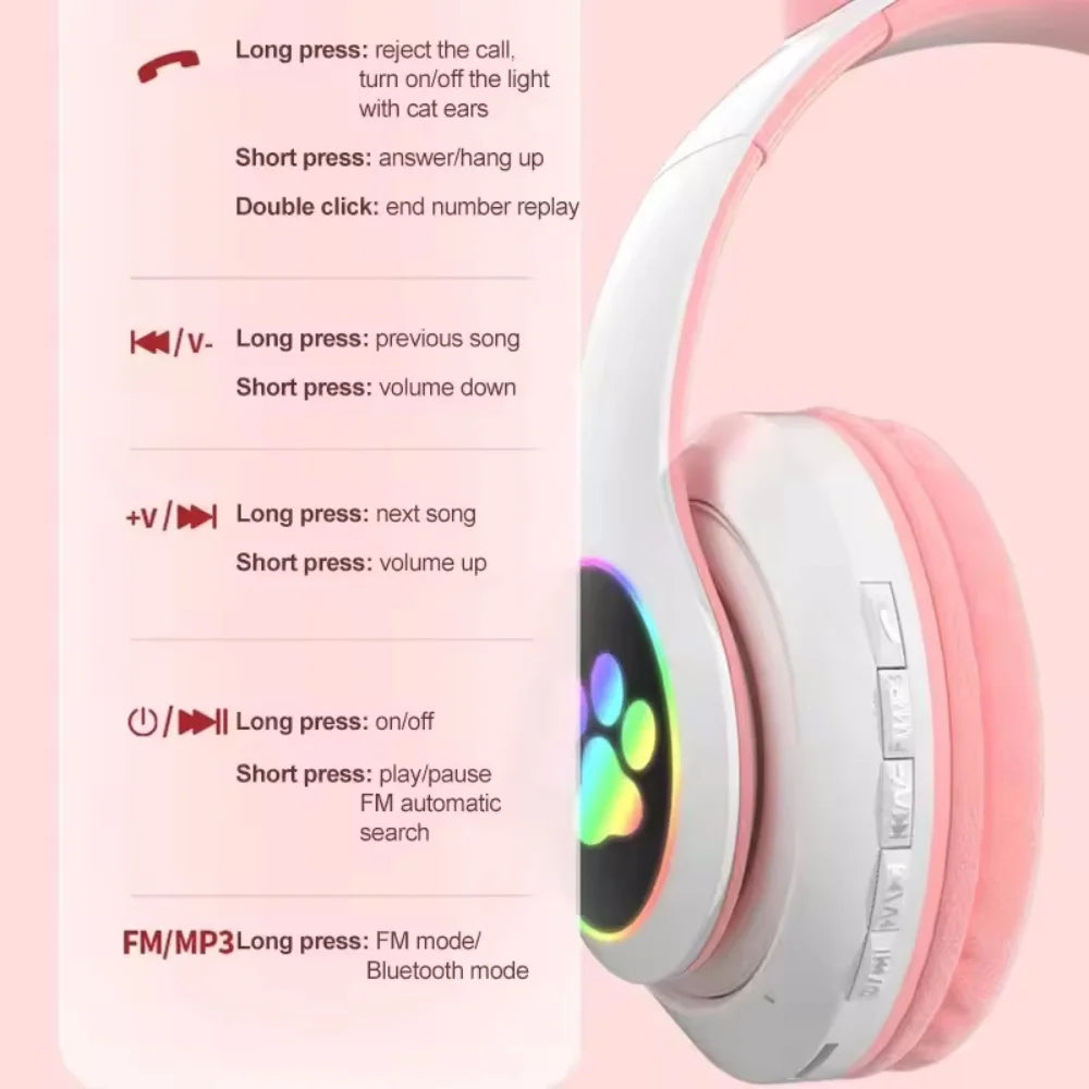 Audífonos de Gatito con Orejas LED: Bluetooth 5.0, Sonido Estéreo y Micrófono (Regalo Ideal)