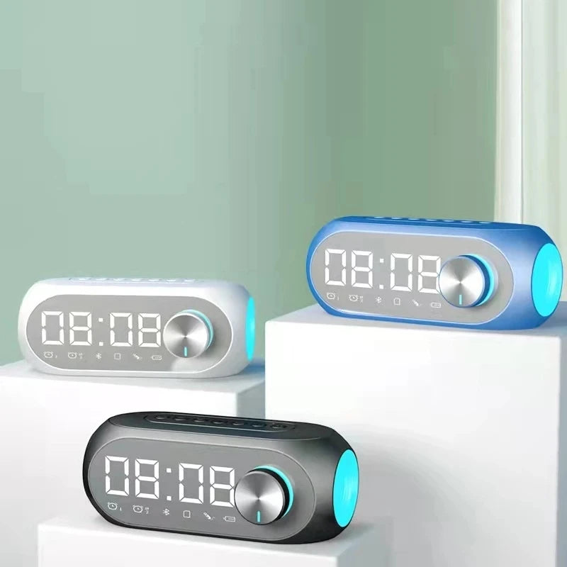 Reloj Despertador 5-en-1: Bocina Bluetooth HiFi, Radio FM, Espejo LED y Lámpara de Noche