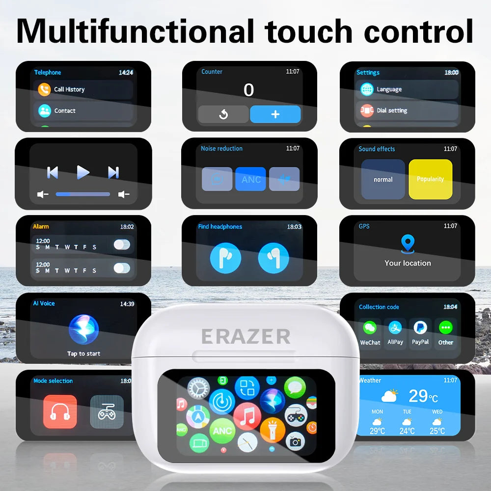 Audífonos ERAZER Pro: Pantalla Táctil Inteligente, Cancelación de Ruido ANC y Sonido HiFi