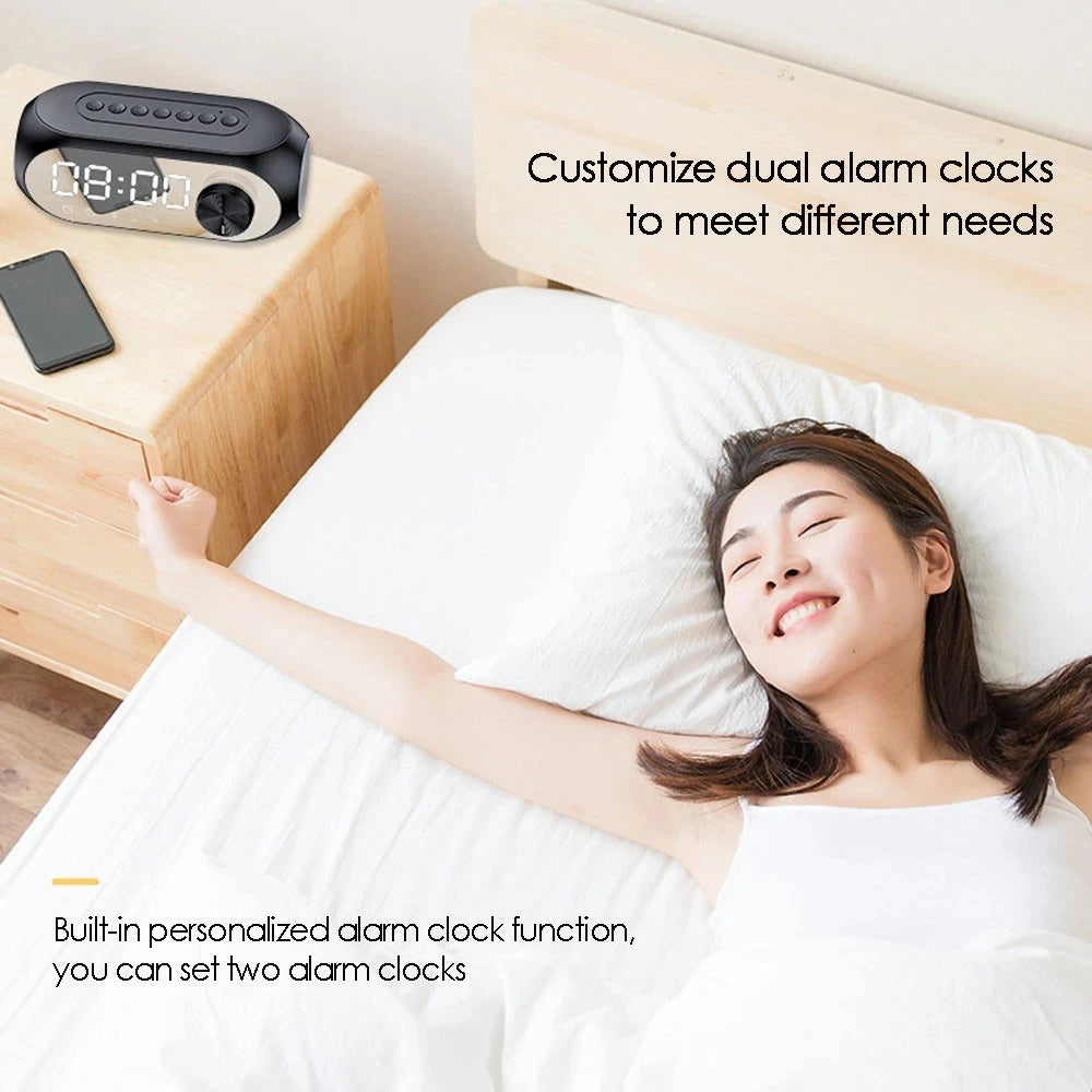 Reloj Despertador 5-en-1: Bocina Bluetooth HiFi, Radio FM, Espejo LED y Lámpara de Noche