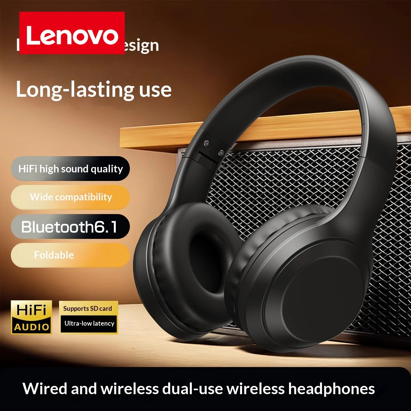 Audífonos Lenovo HiFi Pro: Dual Wireless/Wired, Sonido HD y Diseño Plegable