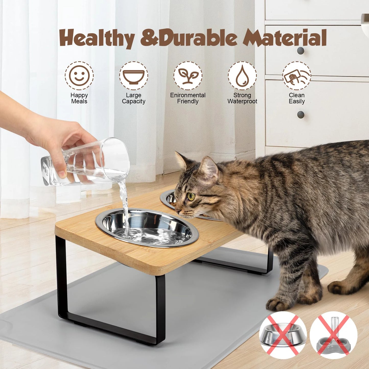 Estación de Alimentación Ergonómica: 2 Tazones de Acero Inoxidable con Tapete