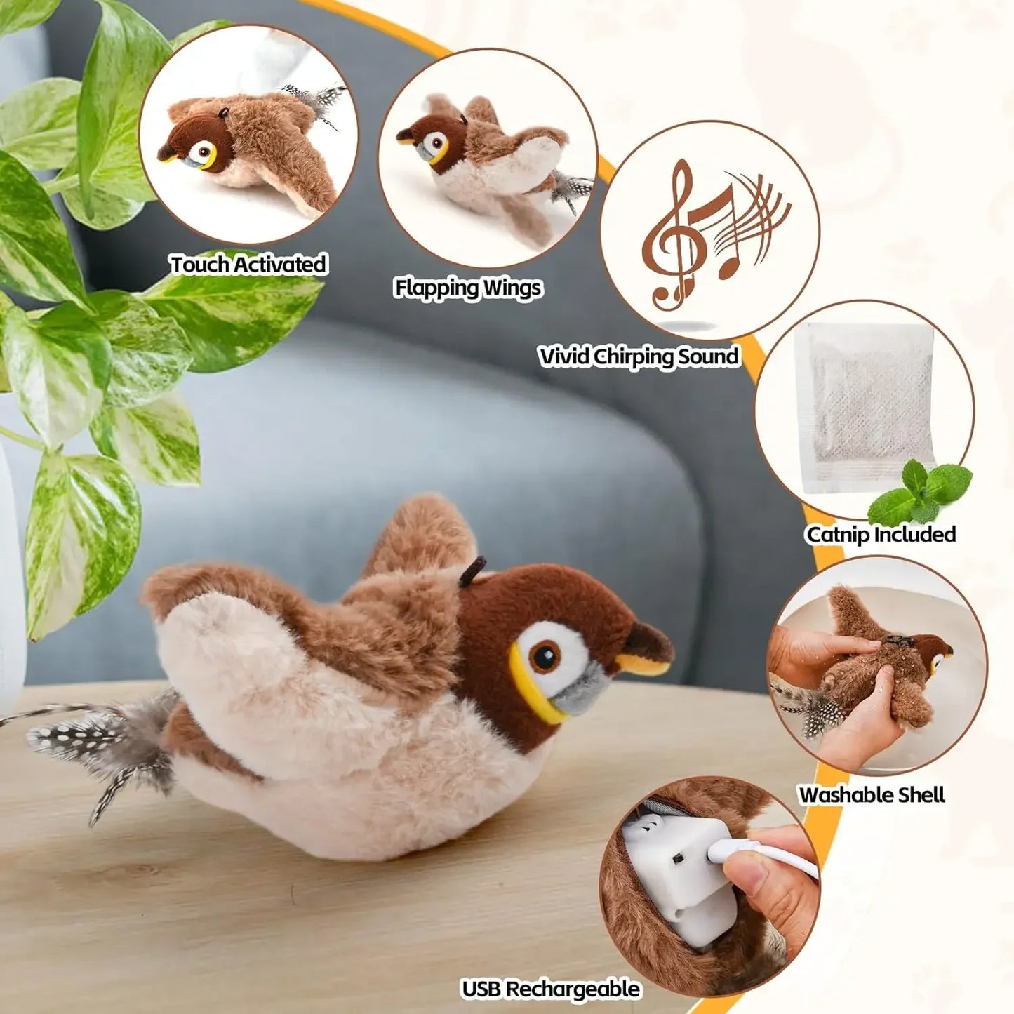 Pájaro Interactivo para Gatos: Juguete de Felpa con Movimiento y Sonido Realista