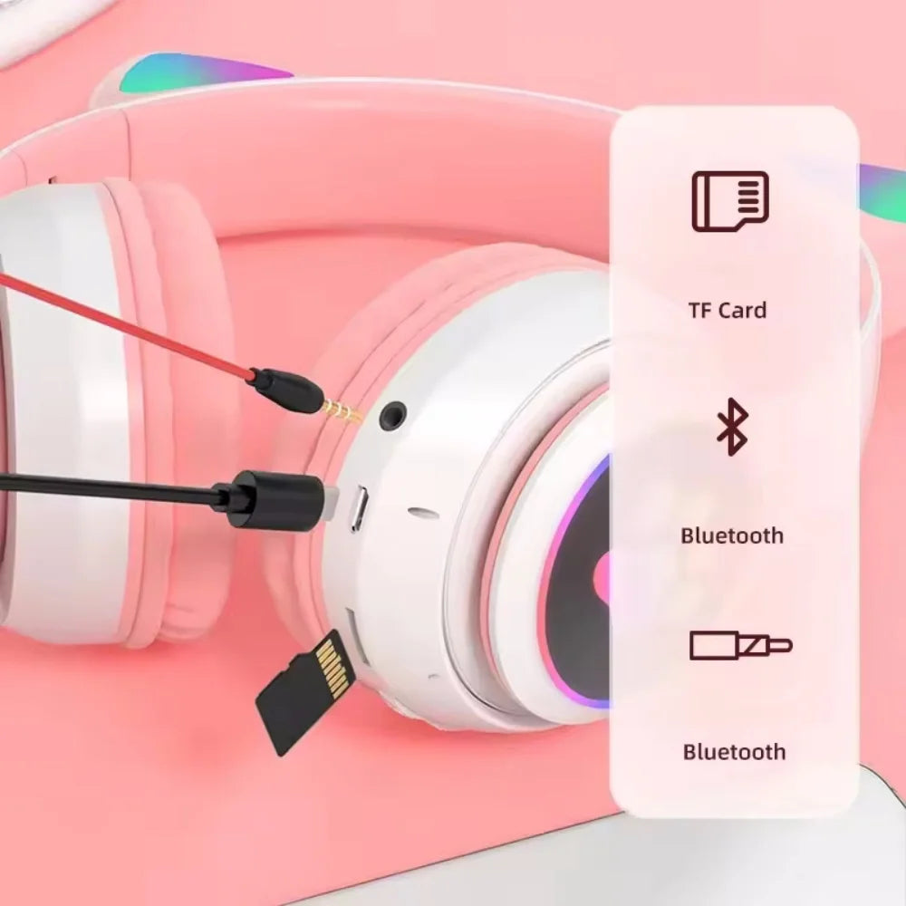 Audífonos de Gatito con Orejas LED: Bluetooth 5.0, Sonido Estéreo y Micrófono (Regalo Ideal)