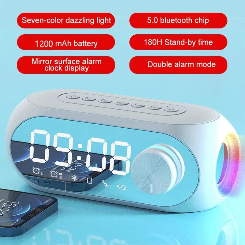 Reloj Despertador 5-en-1: Bocina Bluetooth HiFi, Radio FM, Espejo LED y Lámpara de Noche
