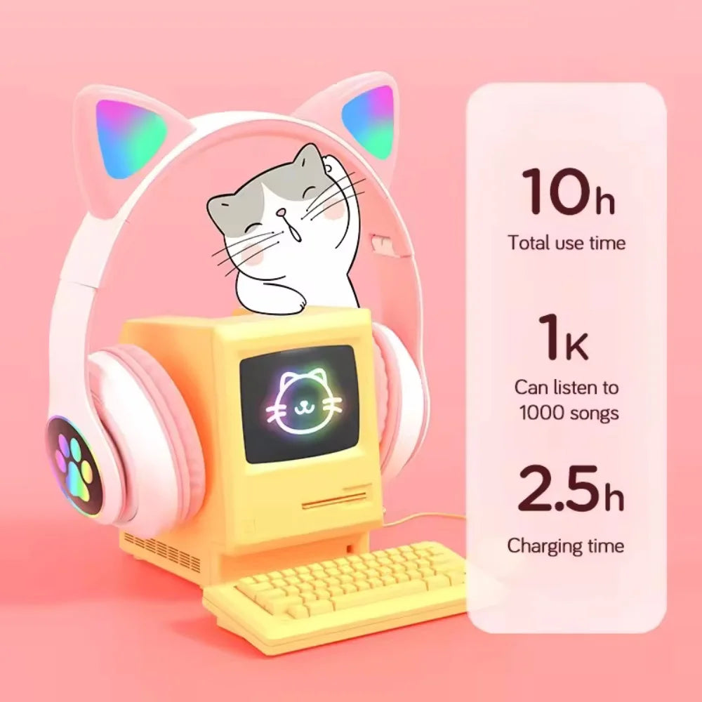 Audífonos de Gatito con Orejas LED: Bluetooth 5.0, Sonido Estéreo y Micrófono (Regalo Ideal)