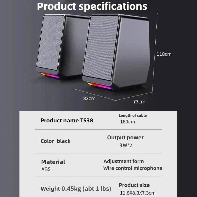 Bocinas Gamer TS38: Sonido Estéreo HD con Subwoofer, Iluminación LED y Conexión USB Universal