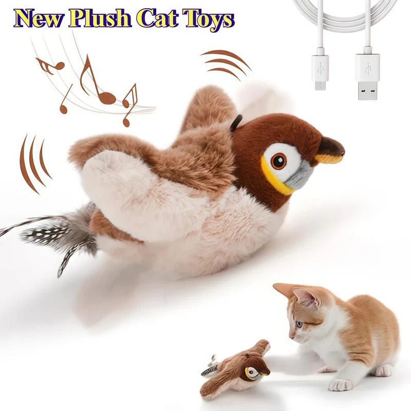 Pájaro Interactivo para Gatos: Juguete de Felpa con Movimiento y Sonido Realista