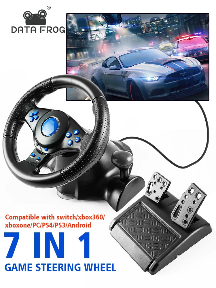 Volante de Carreras DATA FROG 7 en 1: Con Vibración, Pedales y Compatibilidad Universal