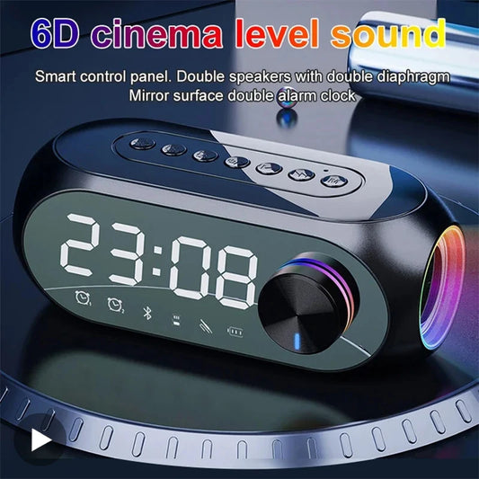 Reloj Despertador 5-en-1: Bocina Bluetooth HiFi, Radio FM, Espejo LED y Lámpara de Noche