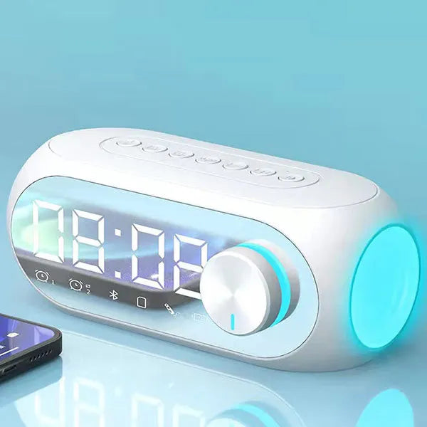 Reloj Despertador 5-en-1: Bocina Bluetooth HiFi, Radio FM, Espejo LED y Lámpara de Noche